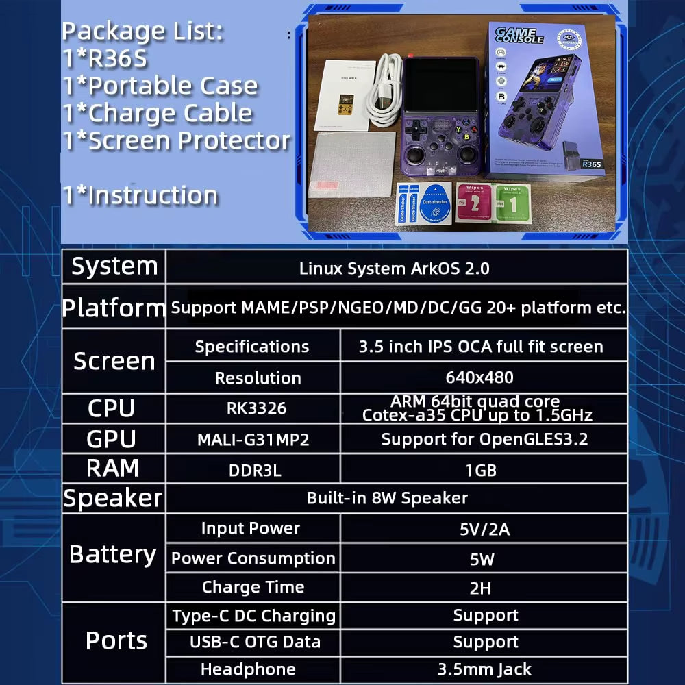 R36S Ultimate Game Console – Handheld ArkOS 2.0 System, 3.5” Portable Player with 64GB/128GB & 20,000+ Classic Games