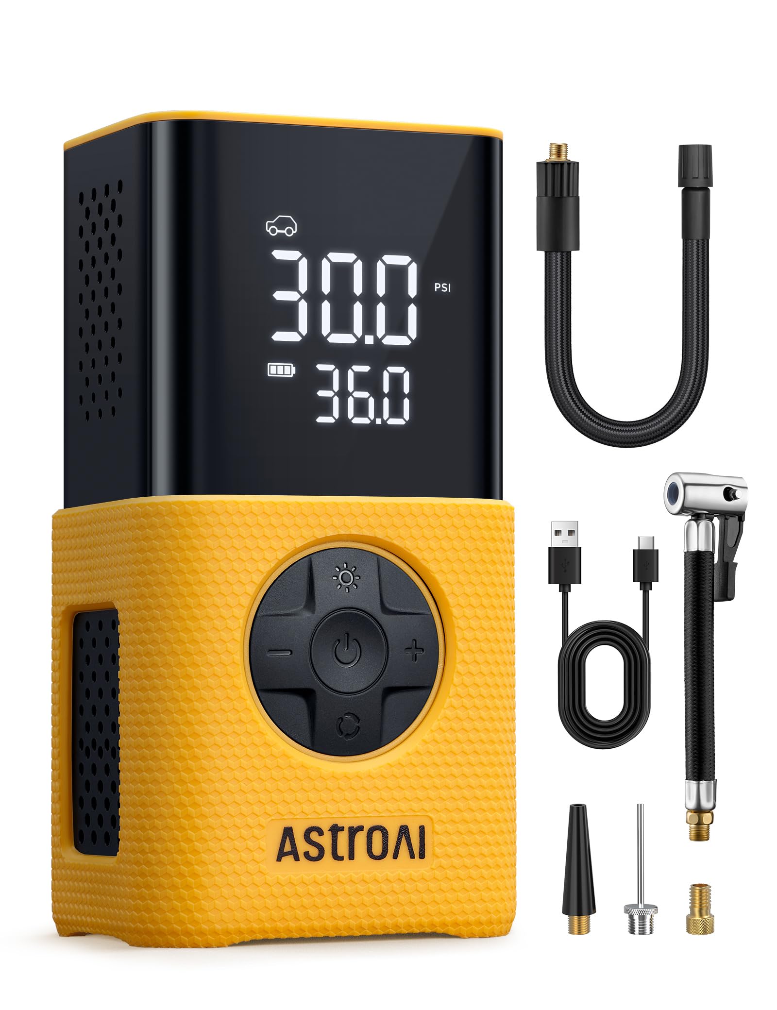 AstroAI Tyre Inflator Cordless Air Compressor, Portable Electric Bike Pump 150 PSI, with Digital Dual Values Display, Pressure Gauge, LEDLight, Rechargeable Tyre Pump for Car, Bike, Motorbike, Ball