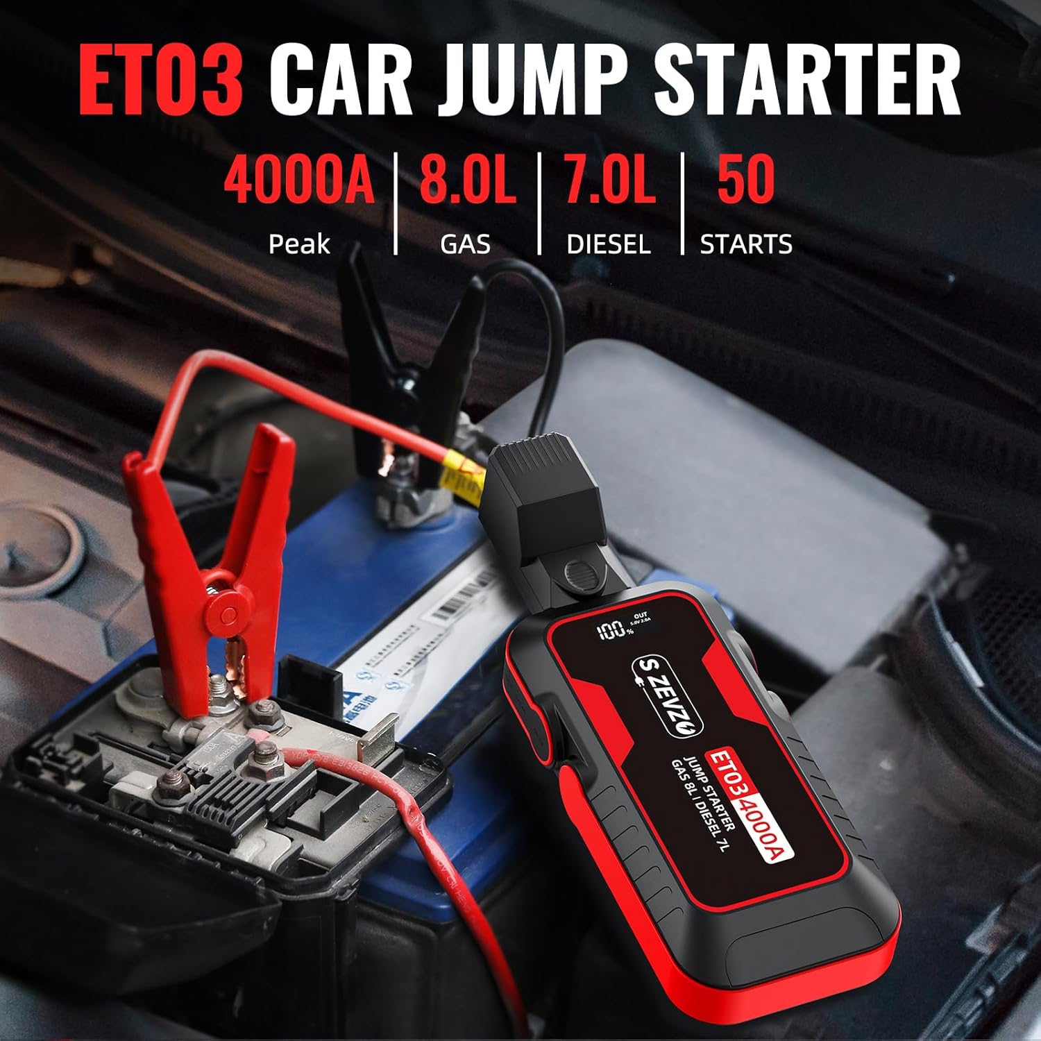 S ZEVZO ET03 Car Jump Starter 4000A Jump Starter Battery Pack for Up to 8.0L Gas and 7.0L Diesel Engines, 74Wh Portable 12V Jump Box with USB Ports, LCD Display, Storage Case, and LED Light