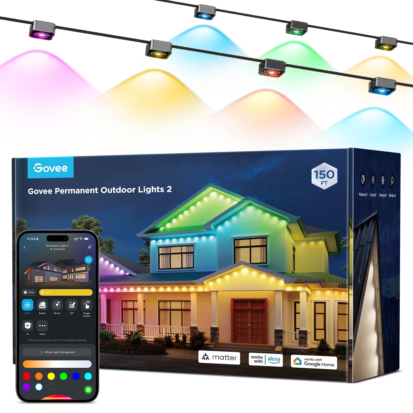 Govee Permanent Outdoor Lights 2, 100ft RGBIC Outdoor Lights with 72 LED Lights, IP67 Waterproof, 100 Scene Modes with 40lm White for Outdoor Decorations, Works with Alexa, Google Assistant, White