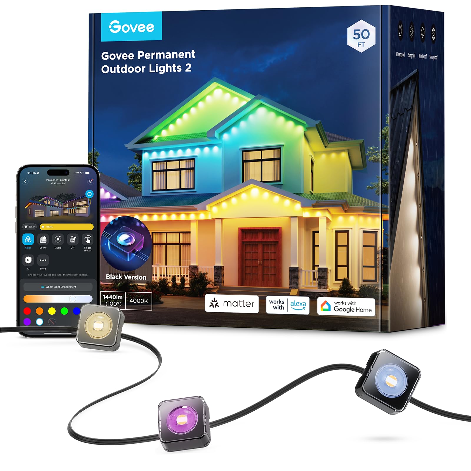 Govee Permanent Outdoor Lights 2, 100ft RGBIC Outdoor Lights with 72 LED Lights, IP67 Waterproof, 100 Scene Modes with 40lm White for Outdoor Decorations, Works with Alexa, Google Assistant, White