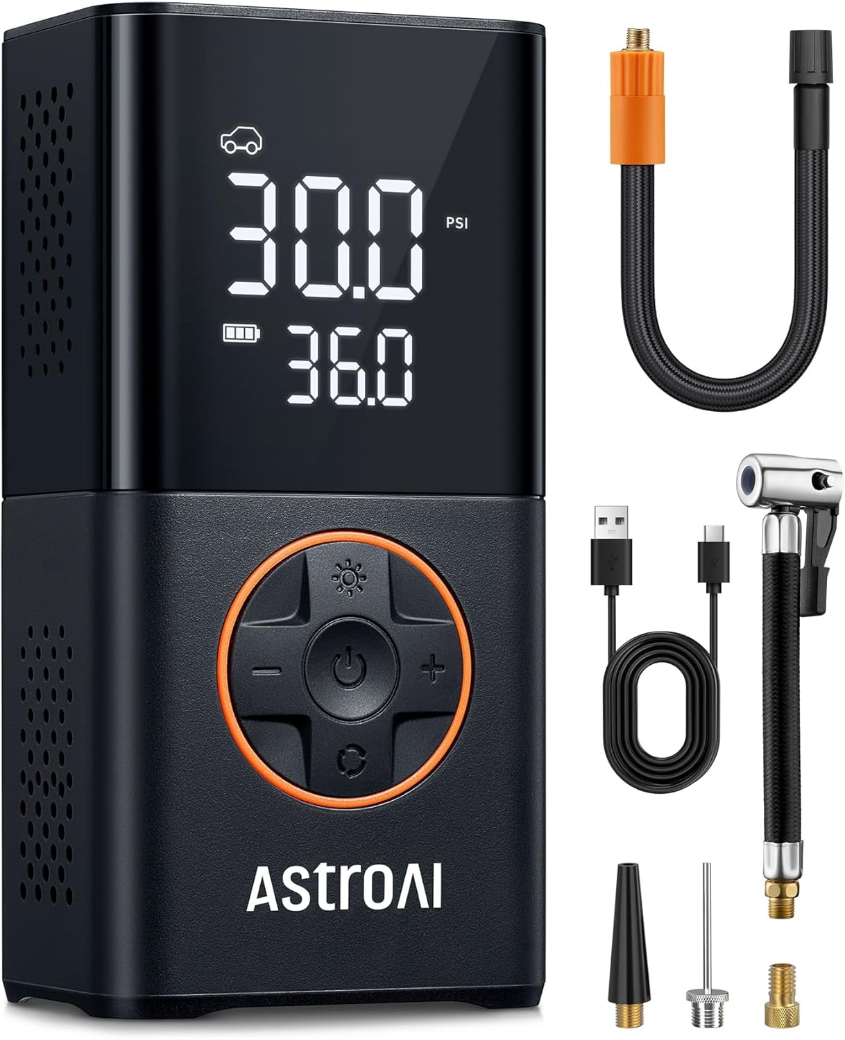 AstroAI Tyre Inflator Cordless Air Compressor, Portable Electric Bike Pump 150 PSI, with Digital Dual Values Display, Pressure Gauge, LEDLight, Rechargeable Tyre Pump for Car, Bike, Motorbike, Ball