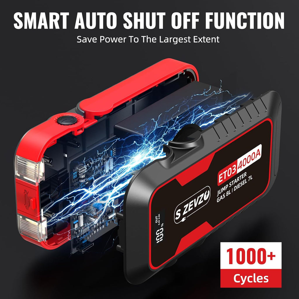 S ZEVZO ET03 Car Jump Starter 4000A Jump Starter Battery Pack for Up to 8.0L Gas and 7.0L Diesel Engines, 74Wh Portable 12V Jump Box with USB Ports, LCD Display, Storage Case, and LED Light