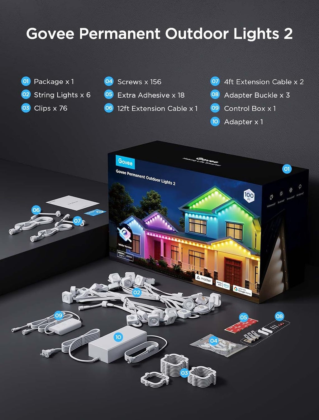 Govee Permanent Outdoor Lights 2, 100ft RGBIC Outdoor Lights with 72 LED Lights, IP67 Waterproof, 100 Scene Modes with 40lm White for Outdoor Decorations, Works with Alexa, Google Assistant, White