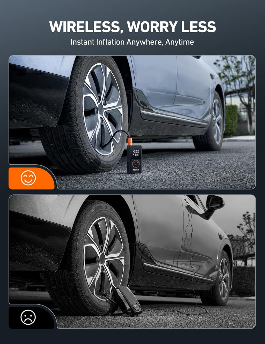 AstroAI Tyre Inflator Cordless Air Compressor, Portable Electric Bike Pump 150 PSI, with Digital Dual Values Display, Pressure Gauge, LEDLight, Rechargeable Tyre Pump for Car, Bike, Motorbike, Ball