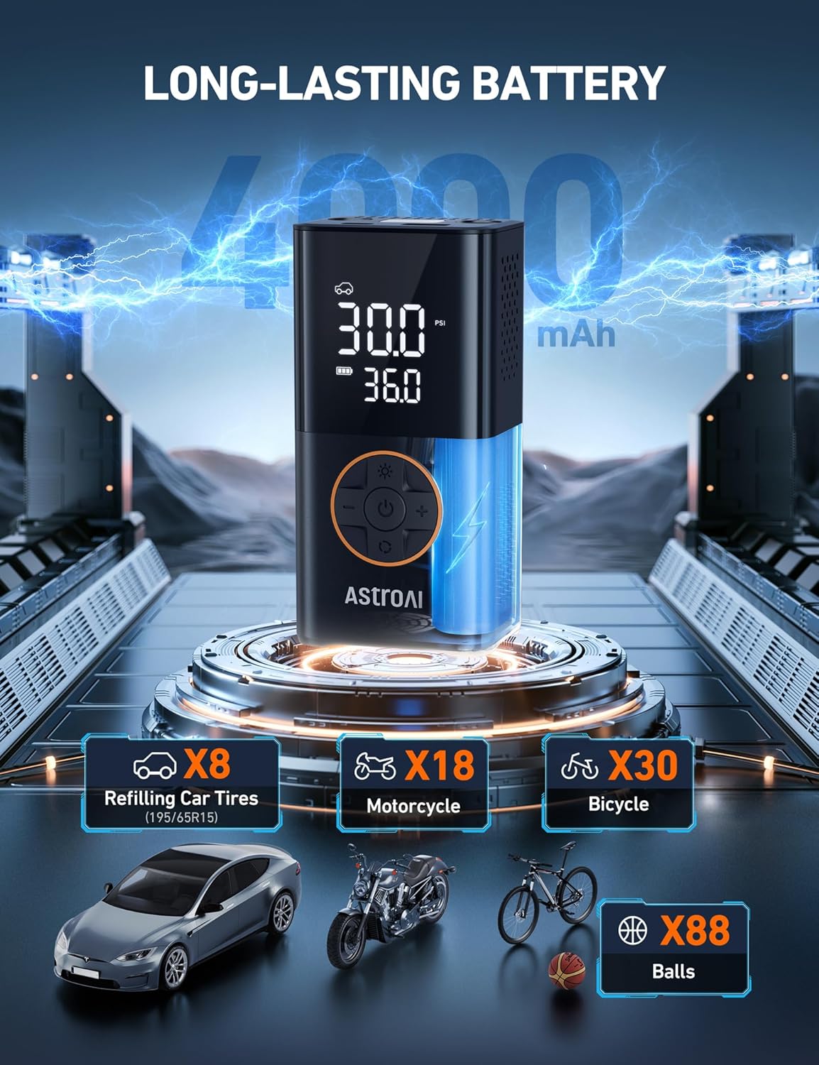 AstroAI Tyre Inflator Cordless Air Compressor, Portable Electric Bike Pump 150 PSI, with Digital Dual Values Display, Pressure Gauge, LEDLight, Rechargeable Tyre Pump for Car, Bike, Motorbike, Ball